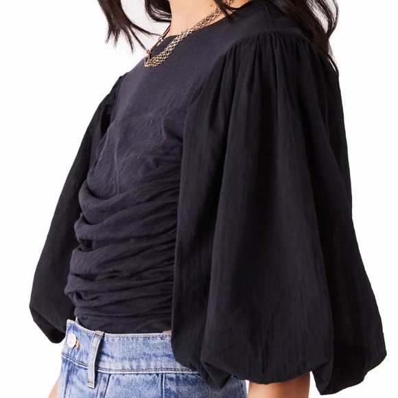 FREE PEOPLE COTTON SWEET SPOT TOP IN BLACK CROPPED FIT PUFF SLEEVE RUNCHING SZ S - Picture 4 of 8